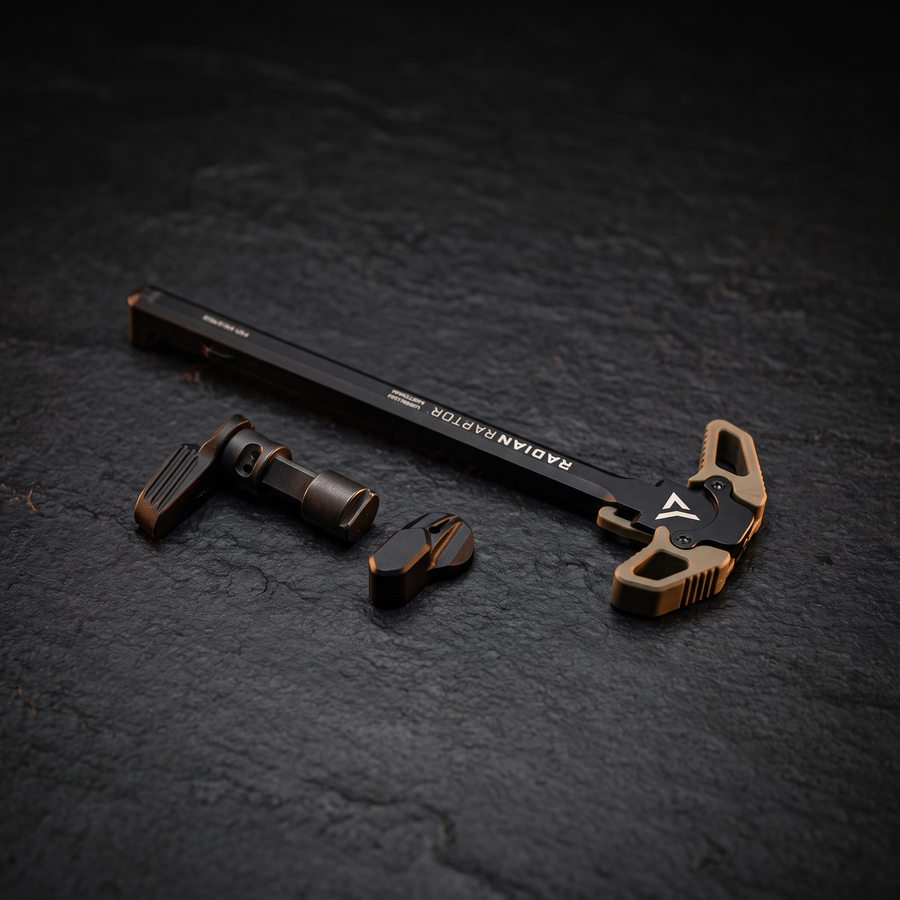Radian Raptor charging handle beside a Radian Talon ambidextrous safety selector, accompanying our guide to ambidextrous AR-15 controls