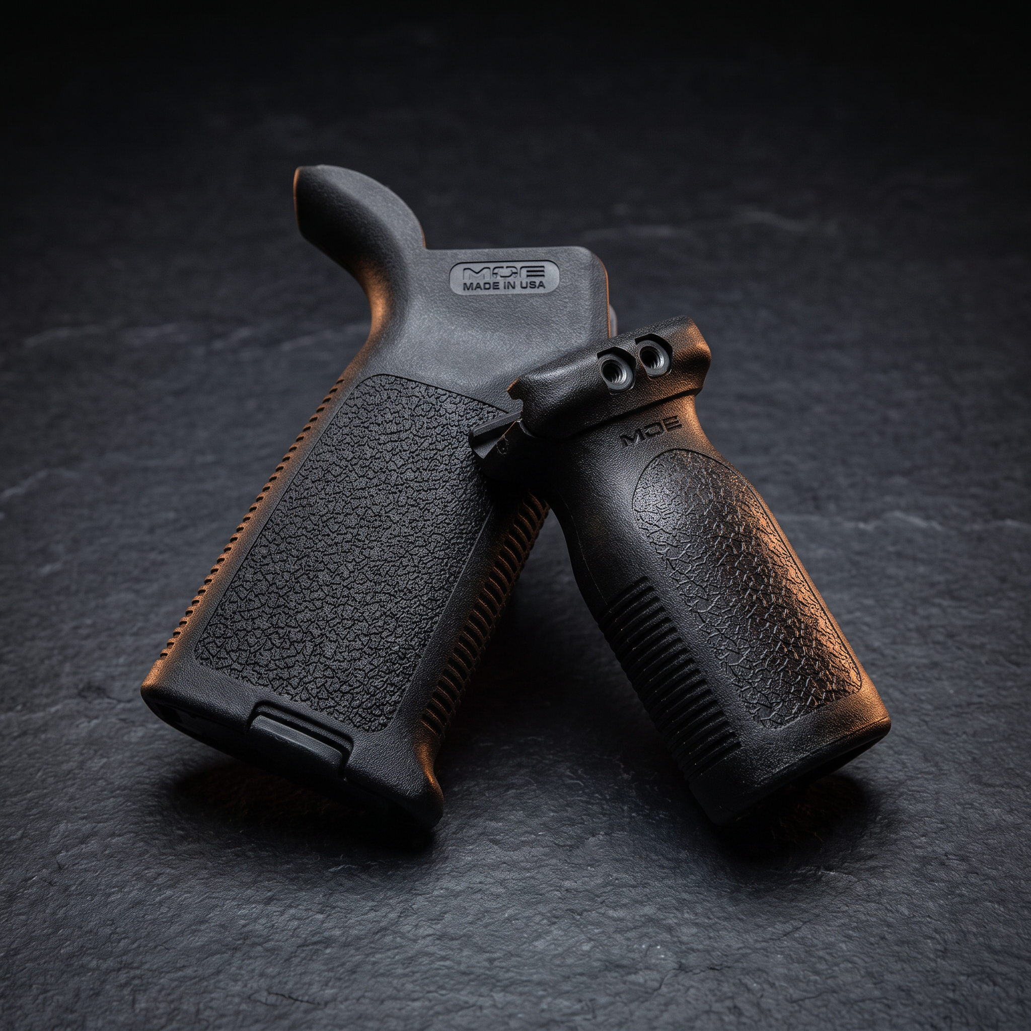 Magpul MOE pistol grip and RVG vertical foregrip on dark slate, accompanying our explainer on AR-15 grip types