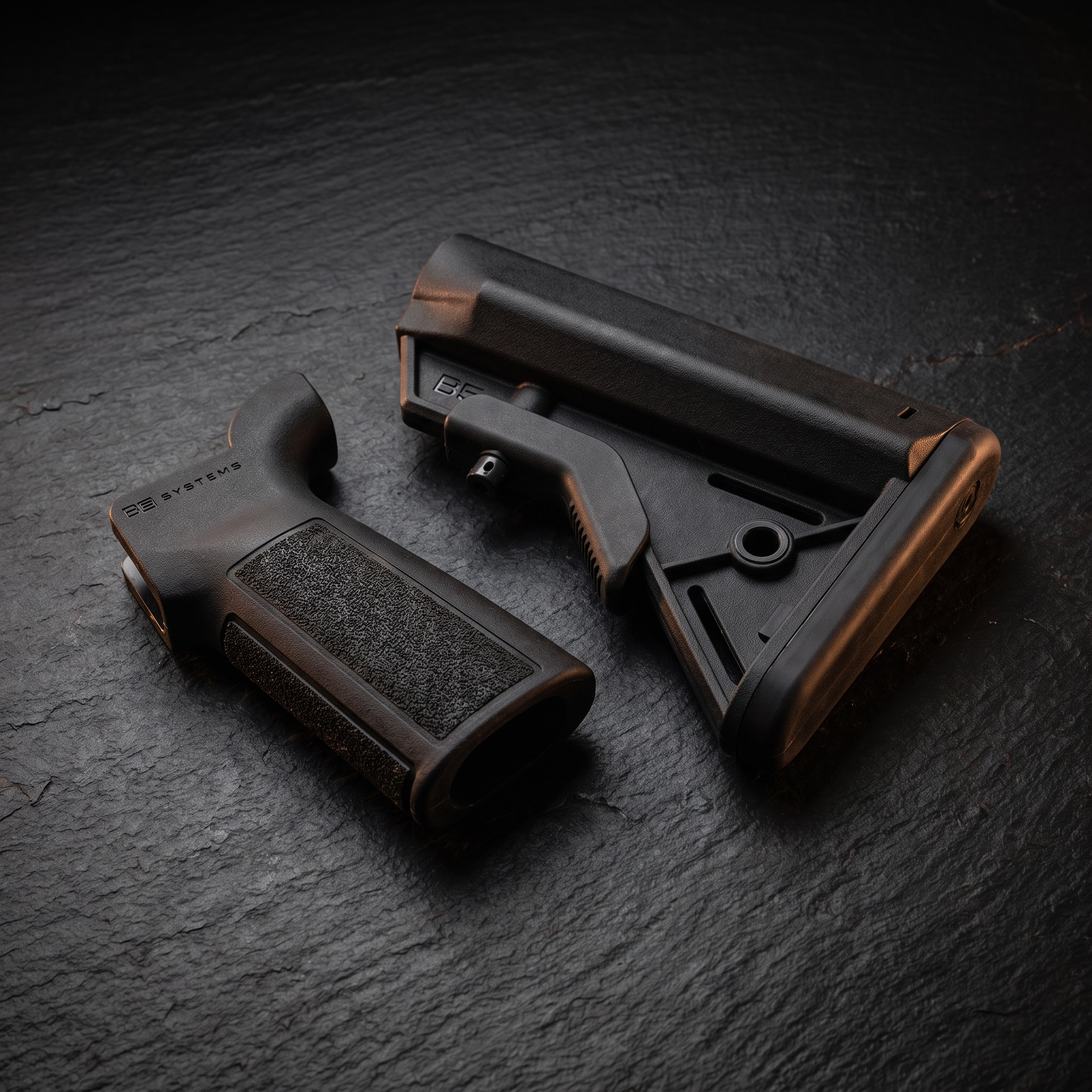 B5 Systems Bravo buttstock beside a Type 23 P-Grip, accompanying our B5 Systems brand guide