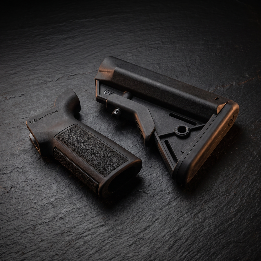 B5 Systems Bravo buttstock beside a Type 23 P-Grip, accompanying our B5 Systems brand guide