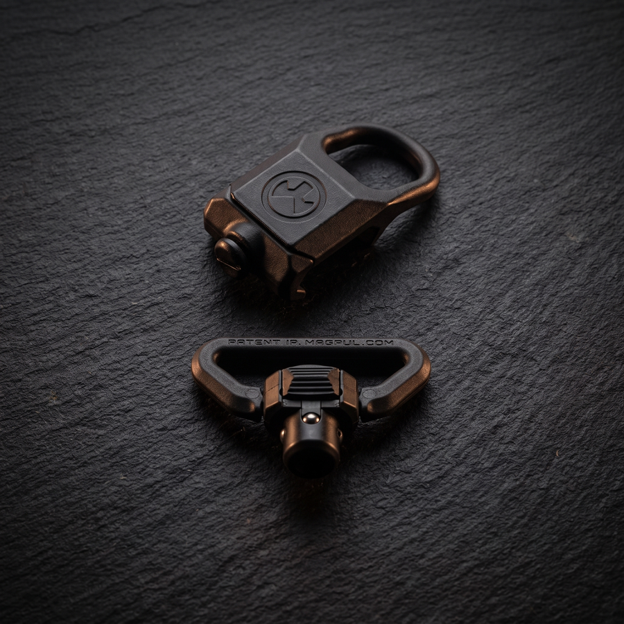 Magpul rail sling attachment and QD sling swivel in a flat lay, illustrating our guide to AR-15 upgrades under £100