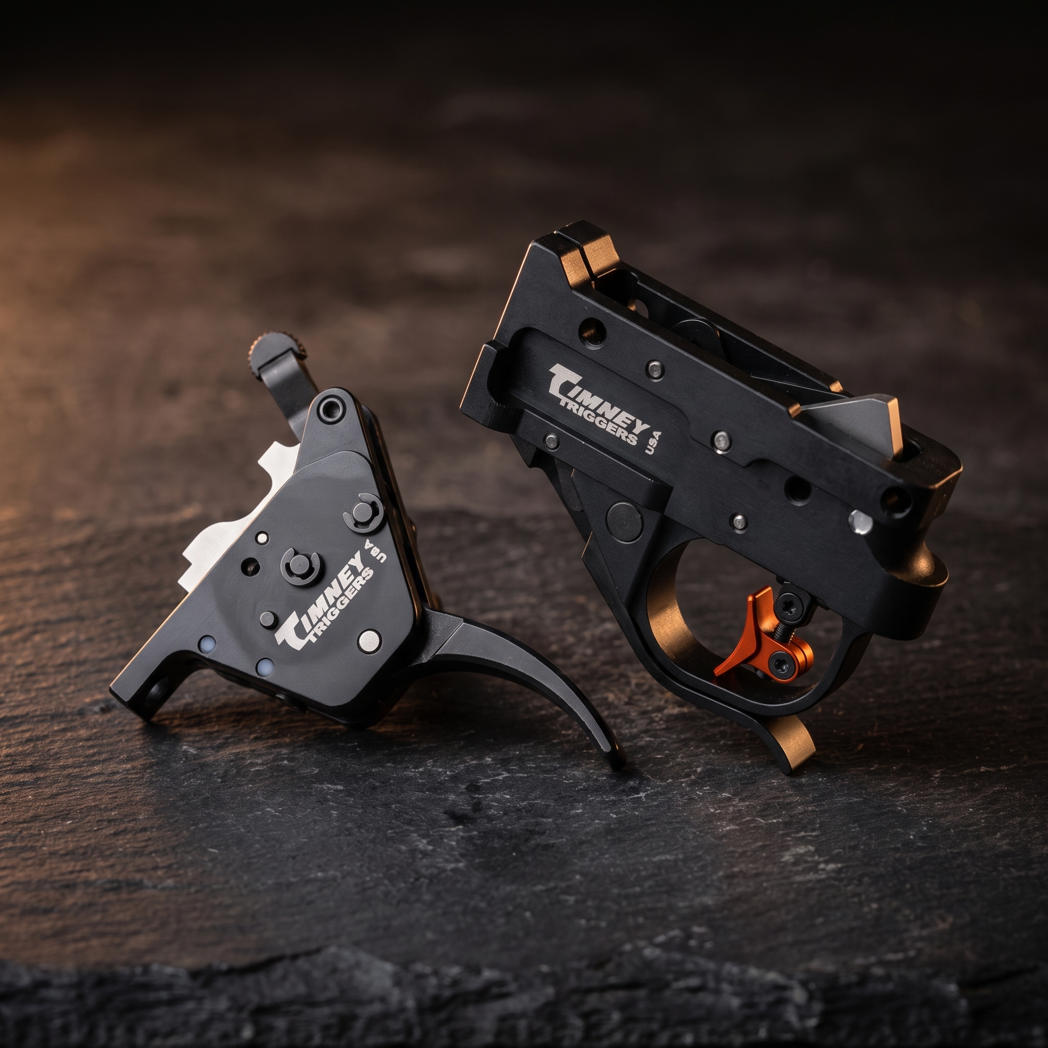 Timney CZ 457 and Calvin Elite rimfire triggers on dark slate, accompanying our bolt-action and rimfire trigger guide