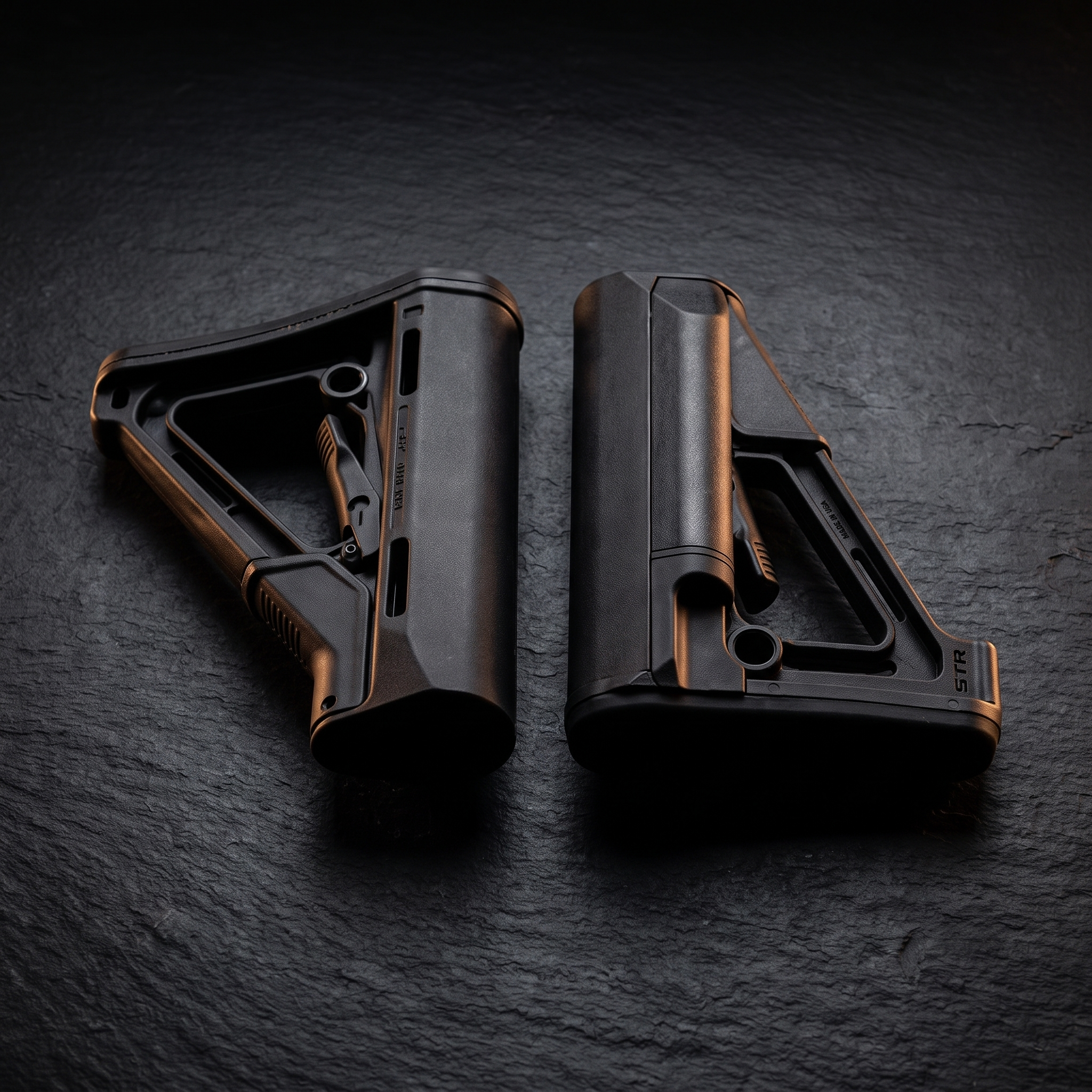 Magpul CTR and STR collapsible AR-15 buttstocks side by side, illustrating our guide to choosing an AR-15 stock