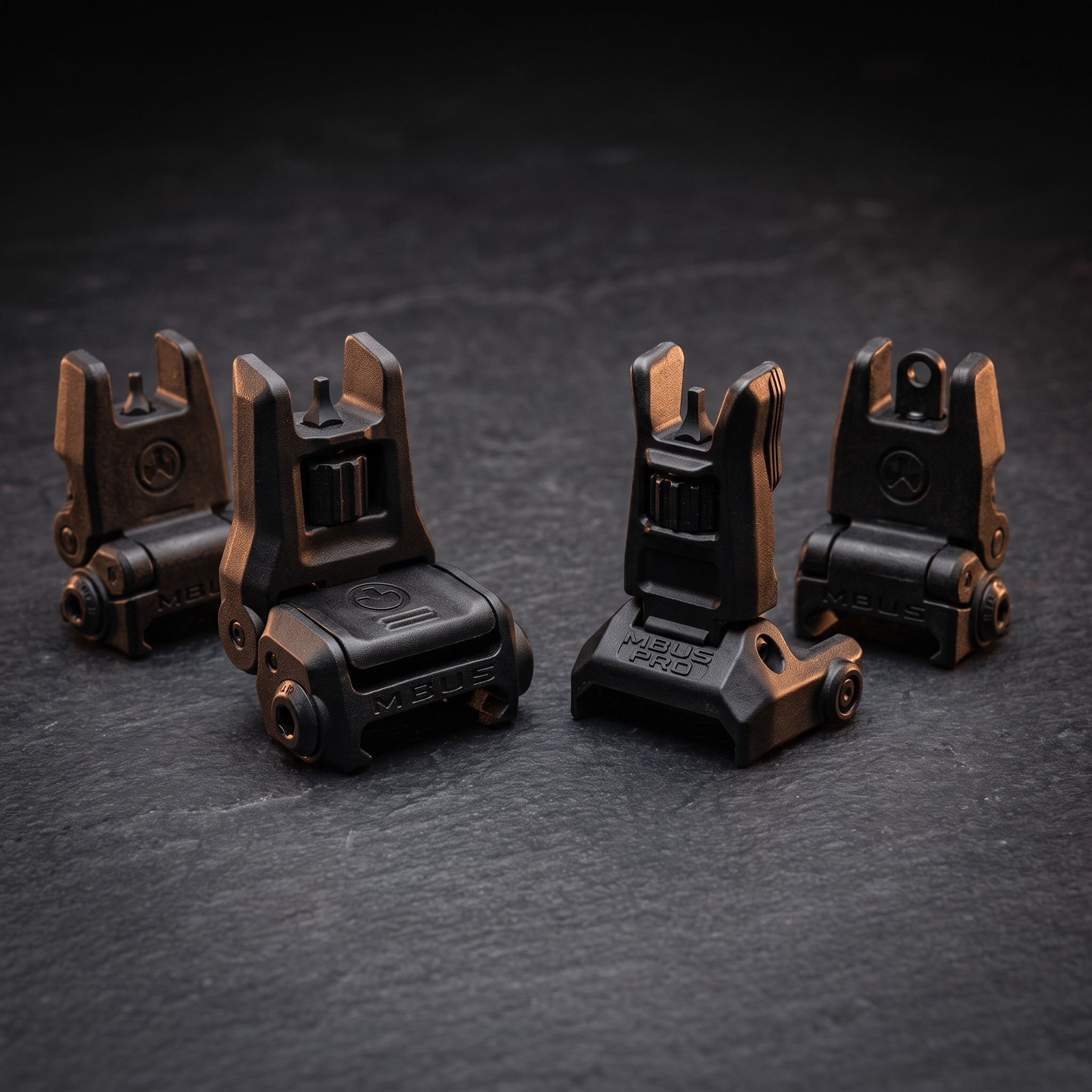 Magpul MBUS 3 and MBUS Pro flip-up backup sights side by side, accompanying our MBUS 3 versus MBUS Pro comparison