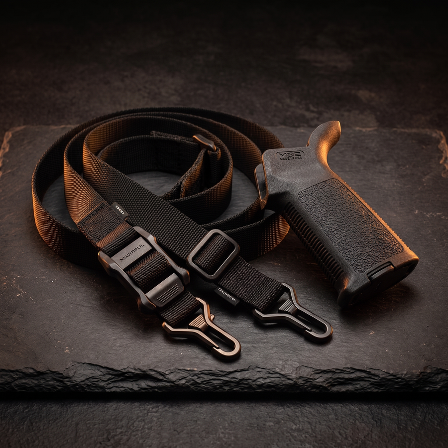 Magpul MS3 sling and MOE grip in a gift-style arrangement, illustrating our shooter's gift guide