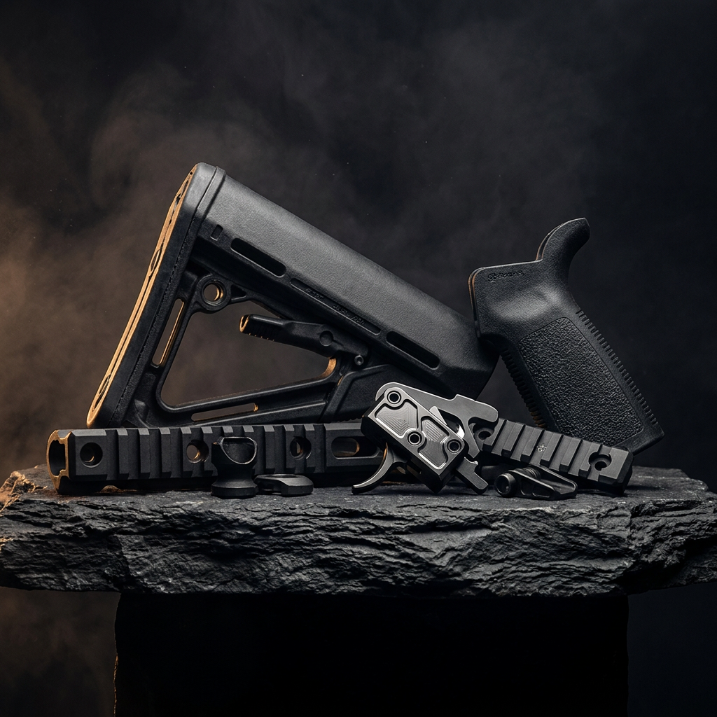 Curated group of matte black AR-15 components including buttstock, grip and trigger on dark slate - AR-15 parts and accessories