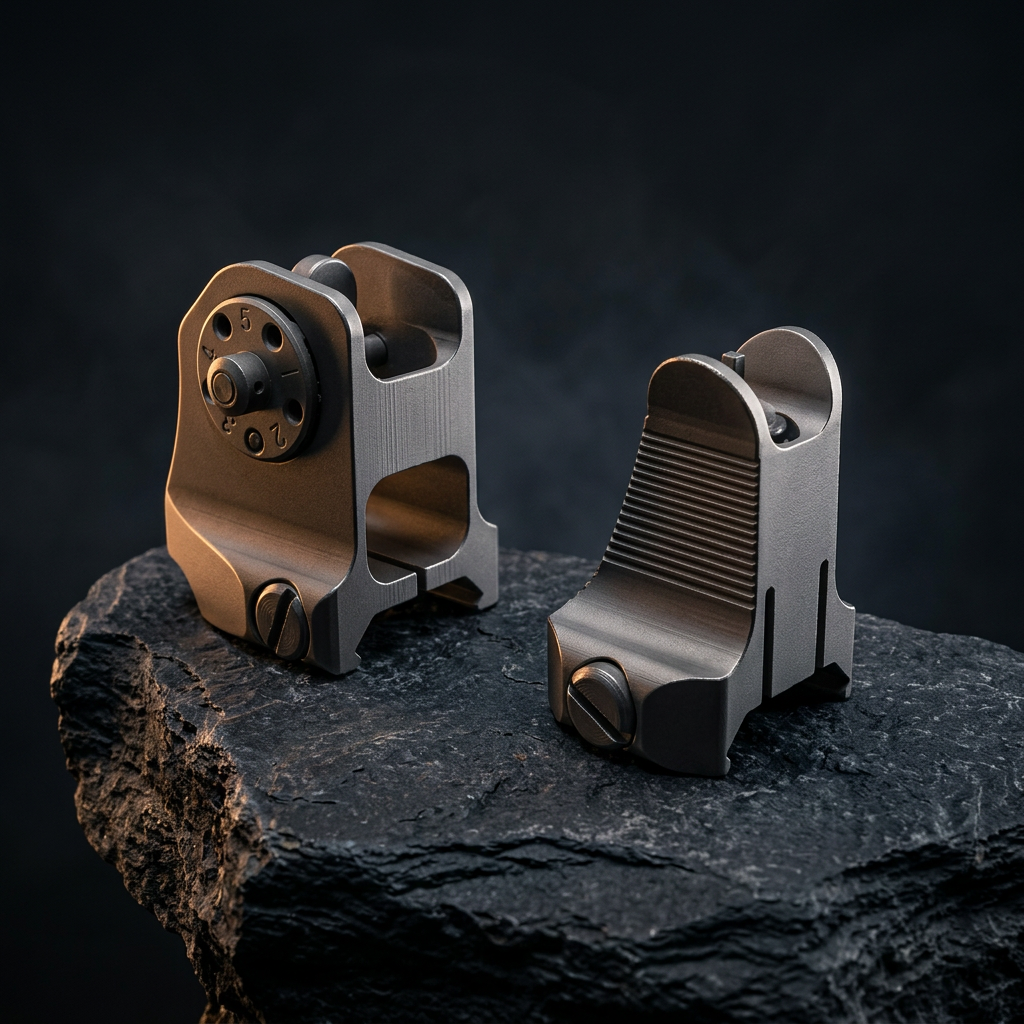 Matched pair of machined flip-up front and rear iron sights on dark slate - iron sights and backup sights