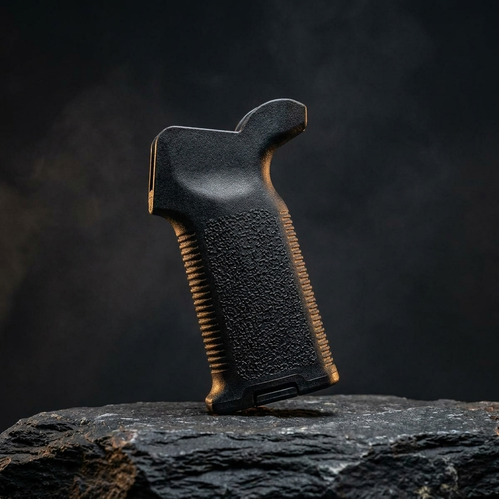 Matte black AR-15 pistol grip with aggressive stippled texture on dark slate - Magpul grips and foregrips