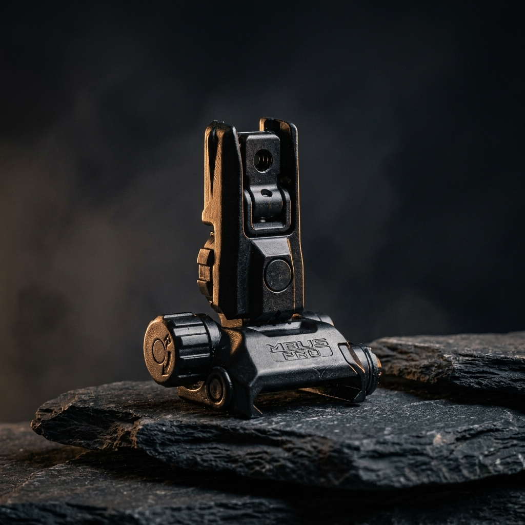 Precision folding backup iron sight deployed upright on dark slate - Magpul MBUS sights