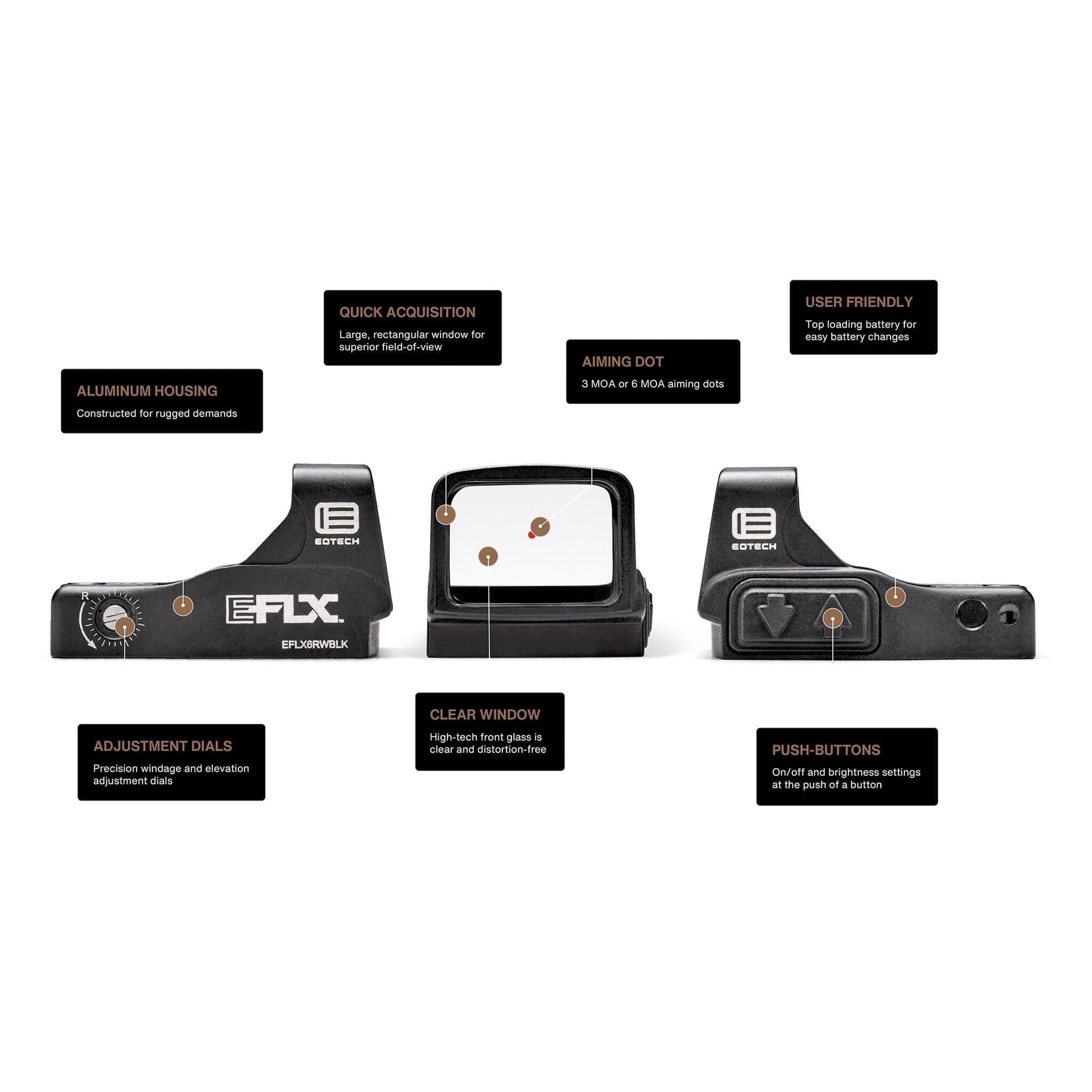EOTech EFLX 3 MOA in black, shown for its eight daylight and one night-vision setting