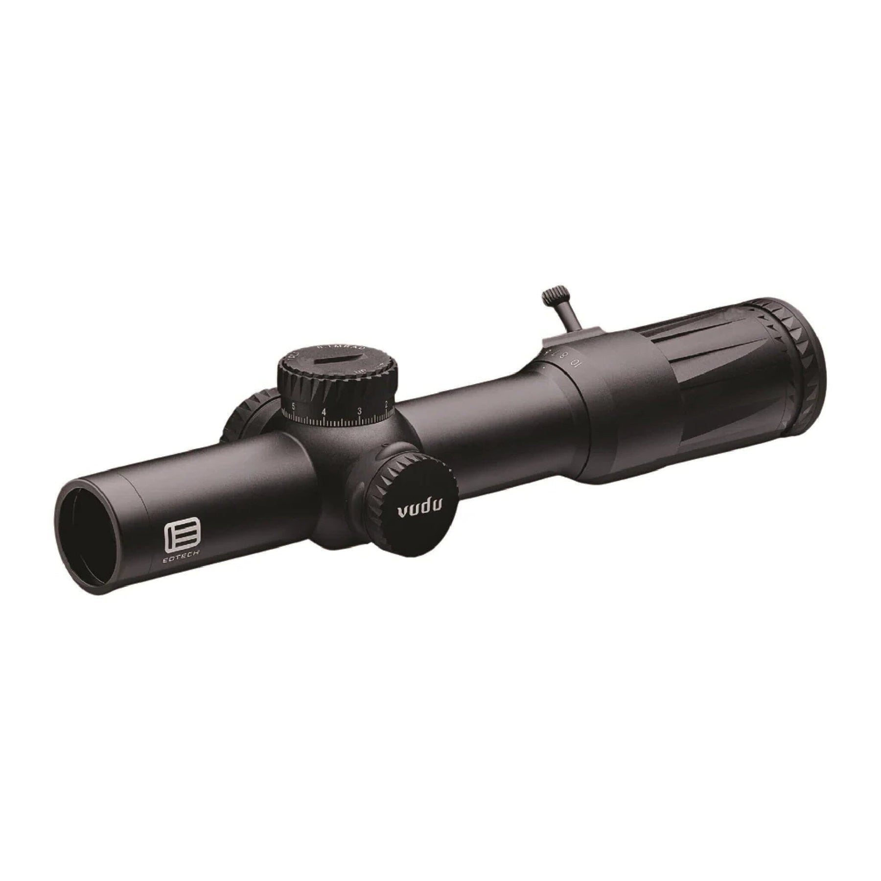 EOTech Vudu 1-10x28 SR5 in black with its locking elevation turret and capped windage turret