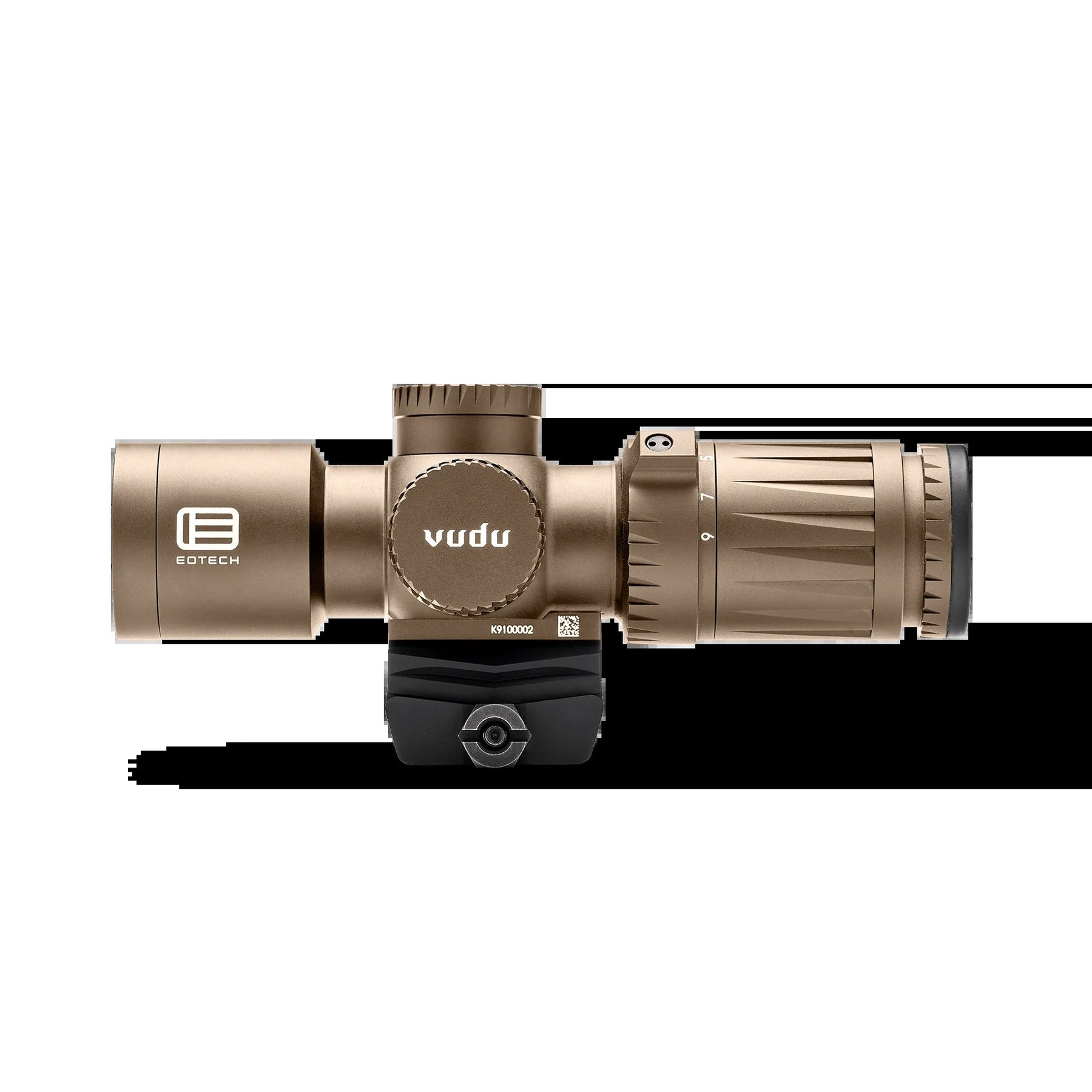 Tan EOTech Vudu 3-9x32 MR5 rifle scope viewed along the main tube with the magnification ring