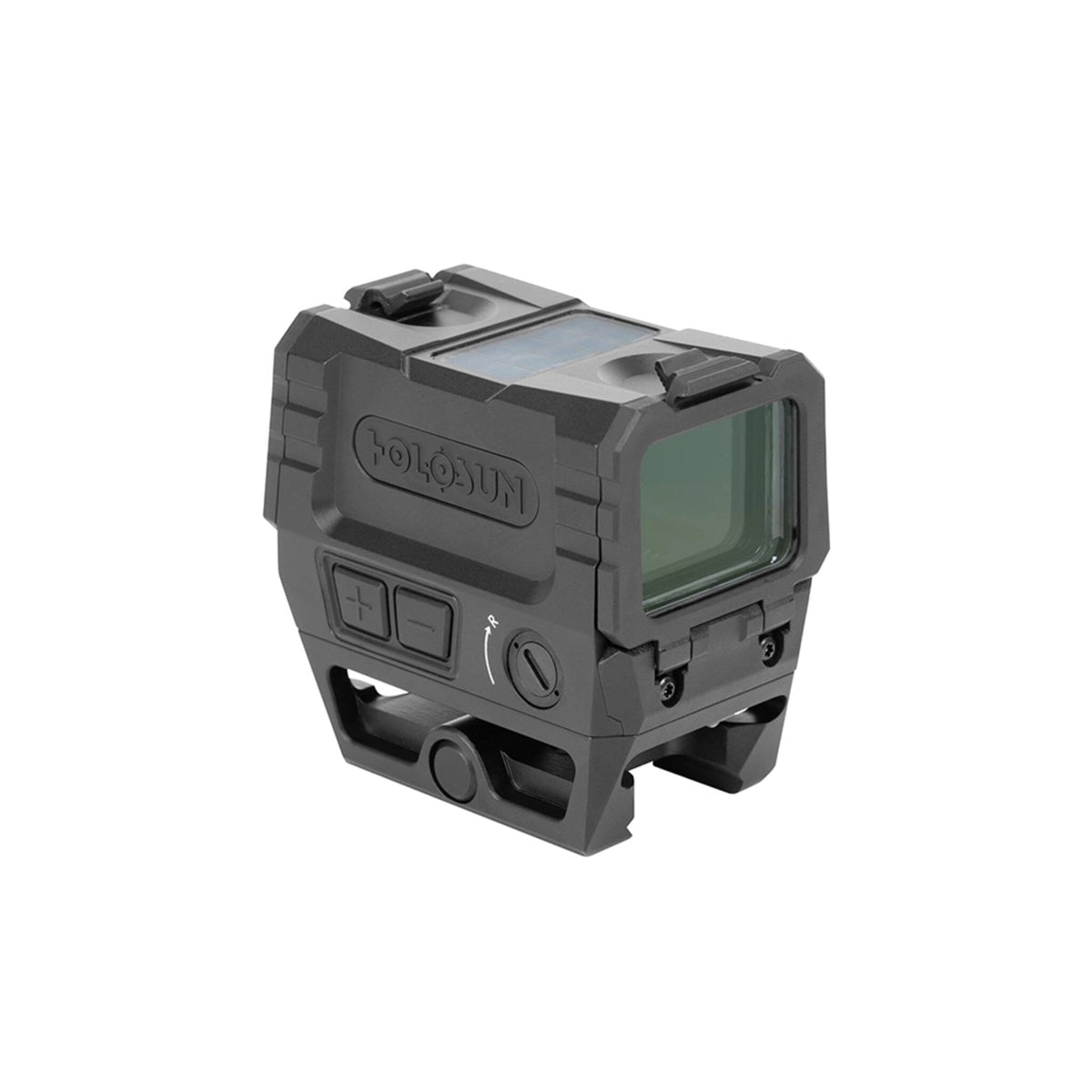 Holosun AEMS EVO red dot sight on its lower 1/3 co-witness mount for AR-15 flat-top receivers