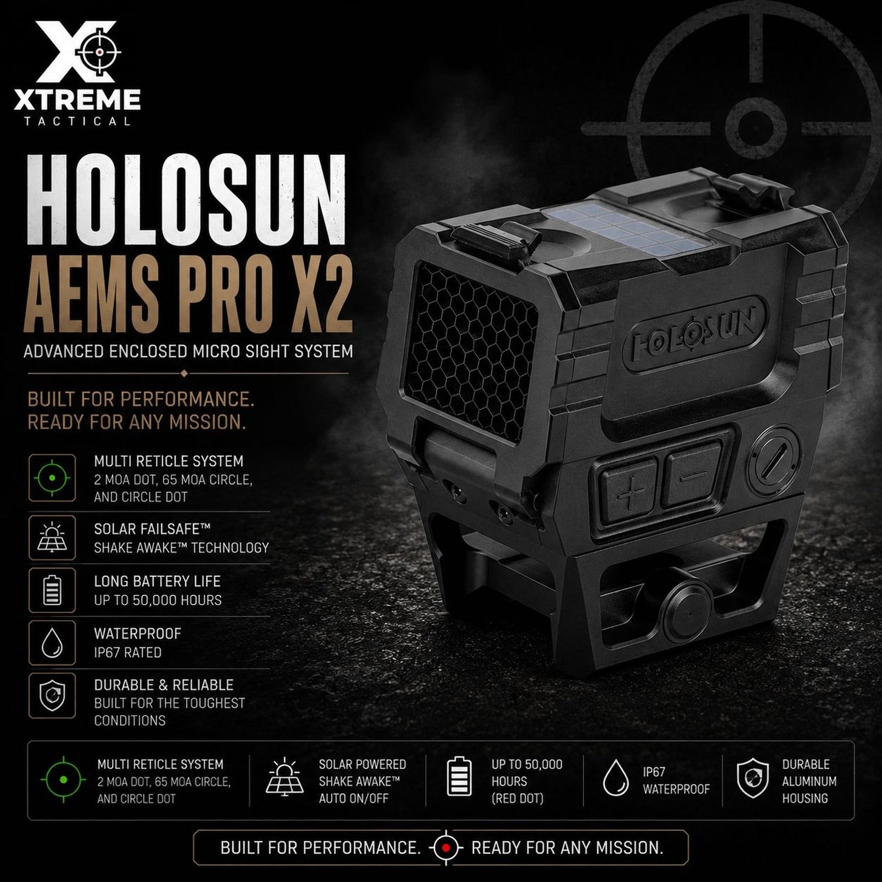 Holosun AEMS PRO X2 gold dot sight showing the Solar Failsafe panel on top of the enclosed housing