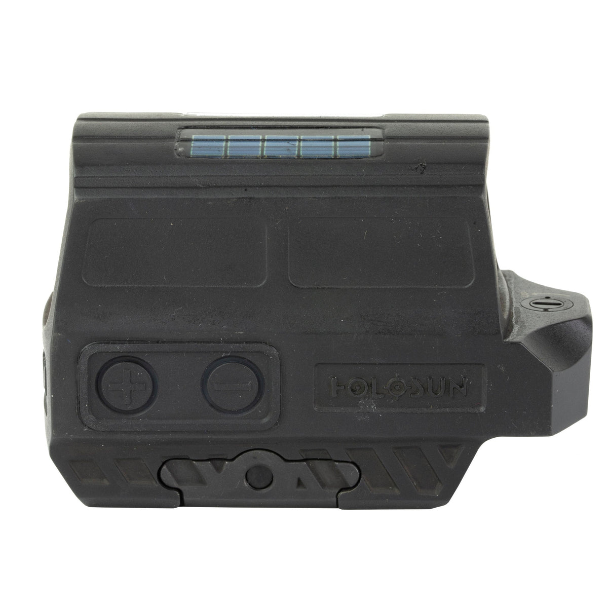 Holosun HE512T titanium red dot sight with the solar panel that backs up its side-tray CR2032