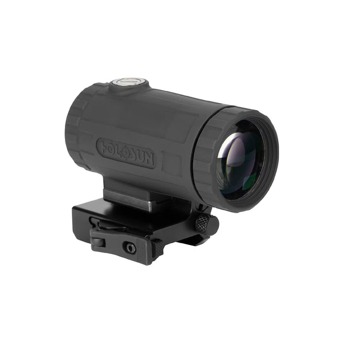 Holosun HM3XT titanium 3x magnifier on the flip-to-side mount used behind a red dot sight