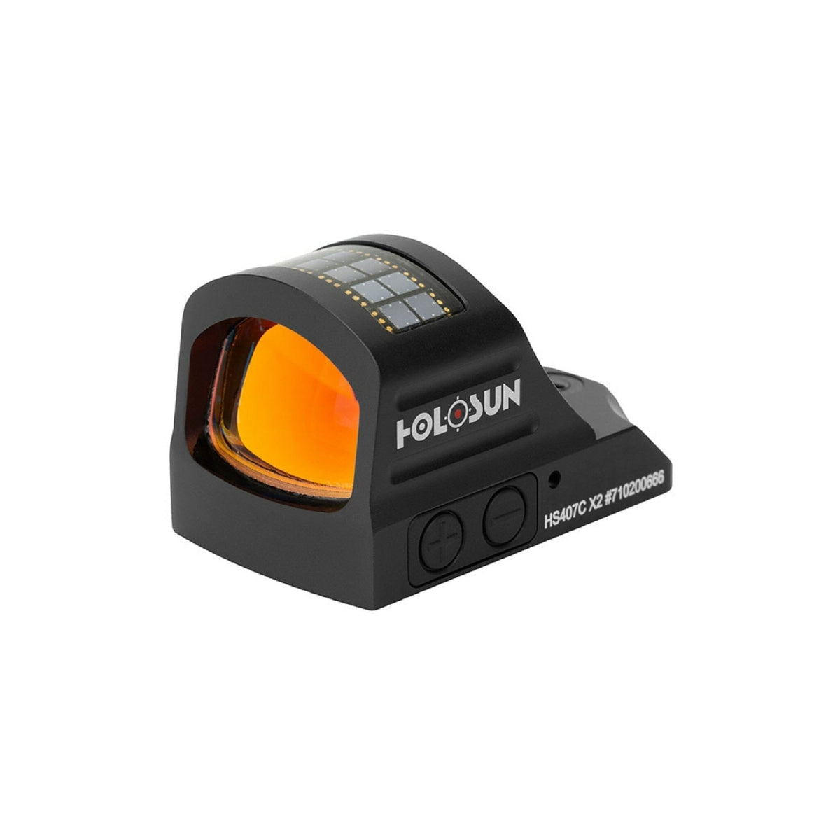 Holosun HS407C X2 red dot sight showing the single 2 MOA red aiming dot in the window