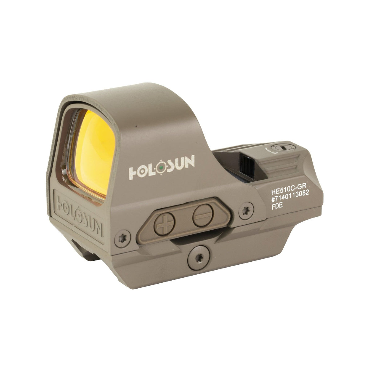 Holosun HS510C green dot sight in Flat Dark Earth with the titanium hood over the lens