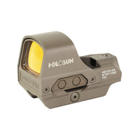 Holosun HS510C green dot sight in Flat Dark Earth with the titanium hood over the lens