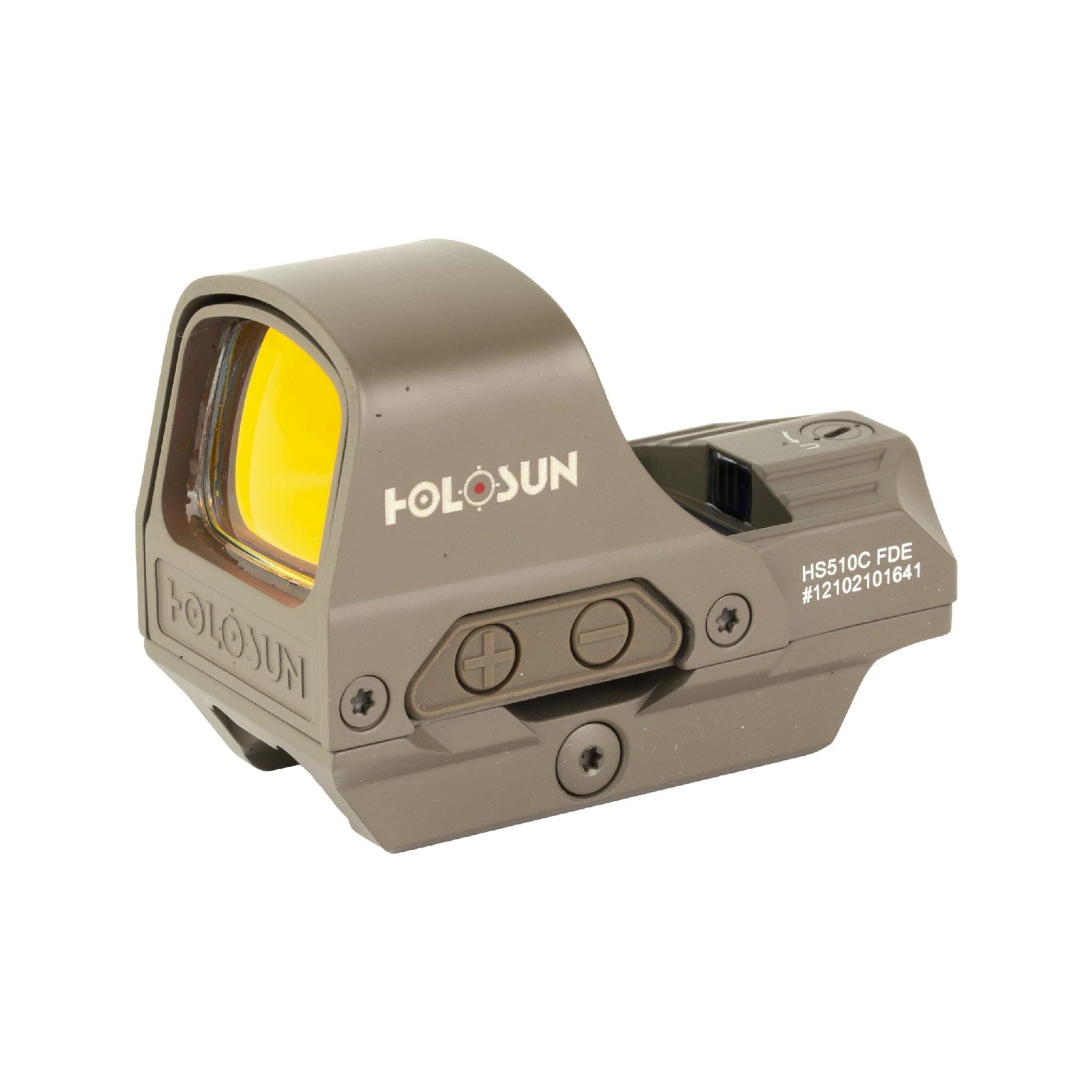 Holosun HS510C red dot sight in Flat Dark Earth with the titanium hood over the open emitter