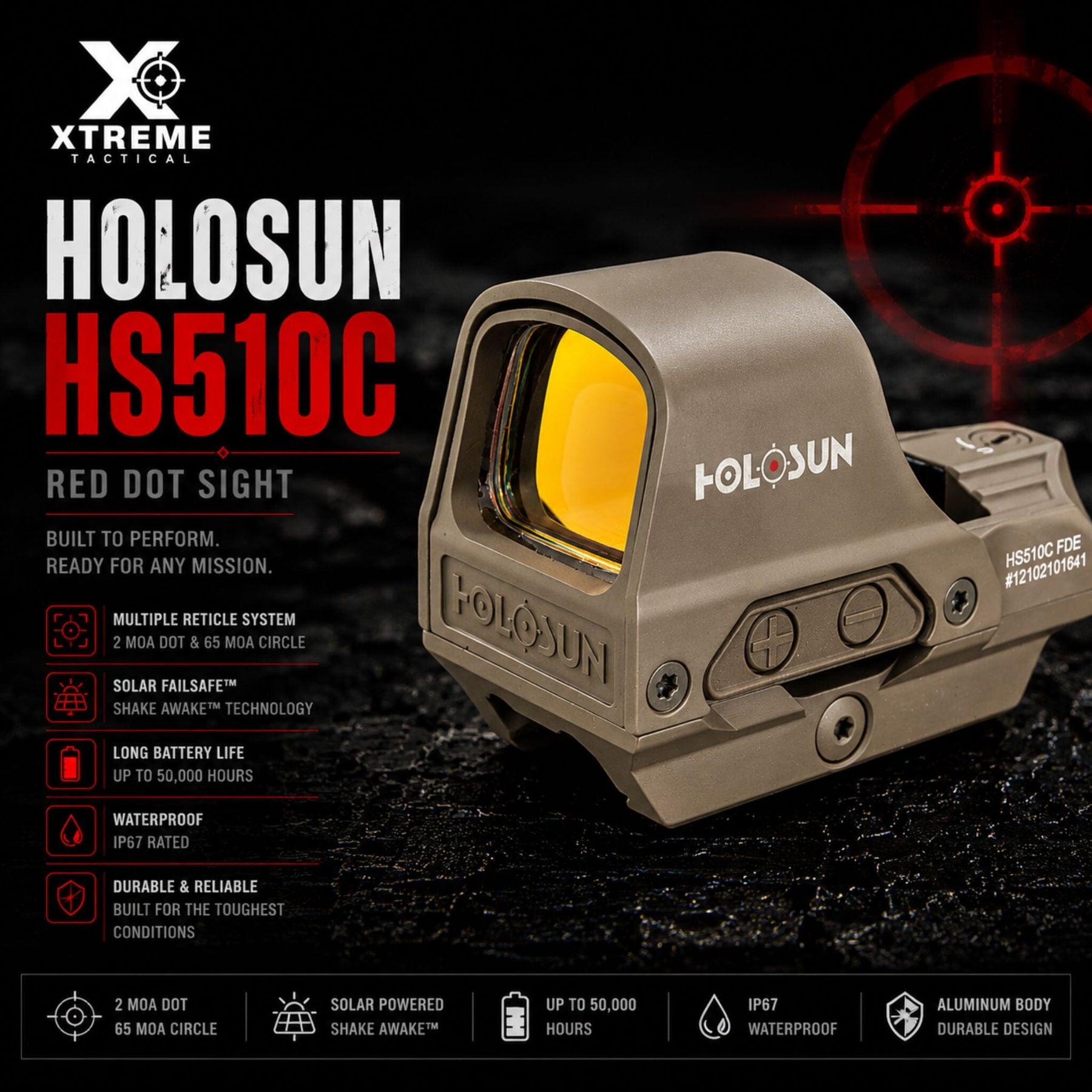 Holosun HS510C FDE showing the switchable 2 MOA dot, 65 MOA circle and circle-dot reticle