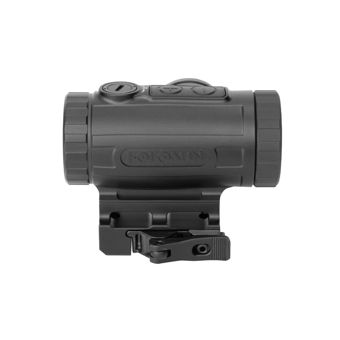Holosun MP3X prism scope showing the etched reticle that stays usable with the illumination switched off