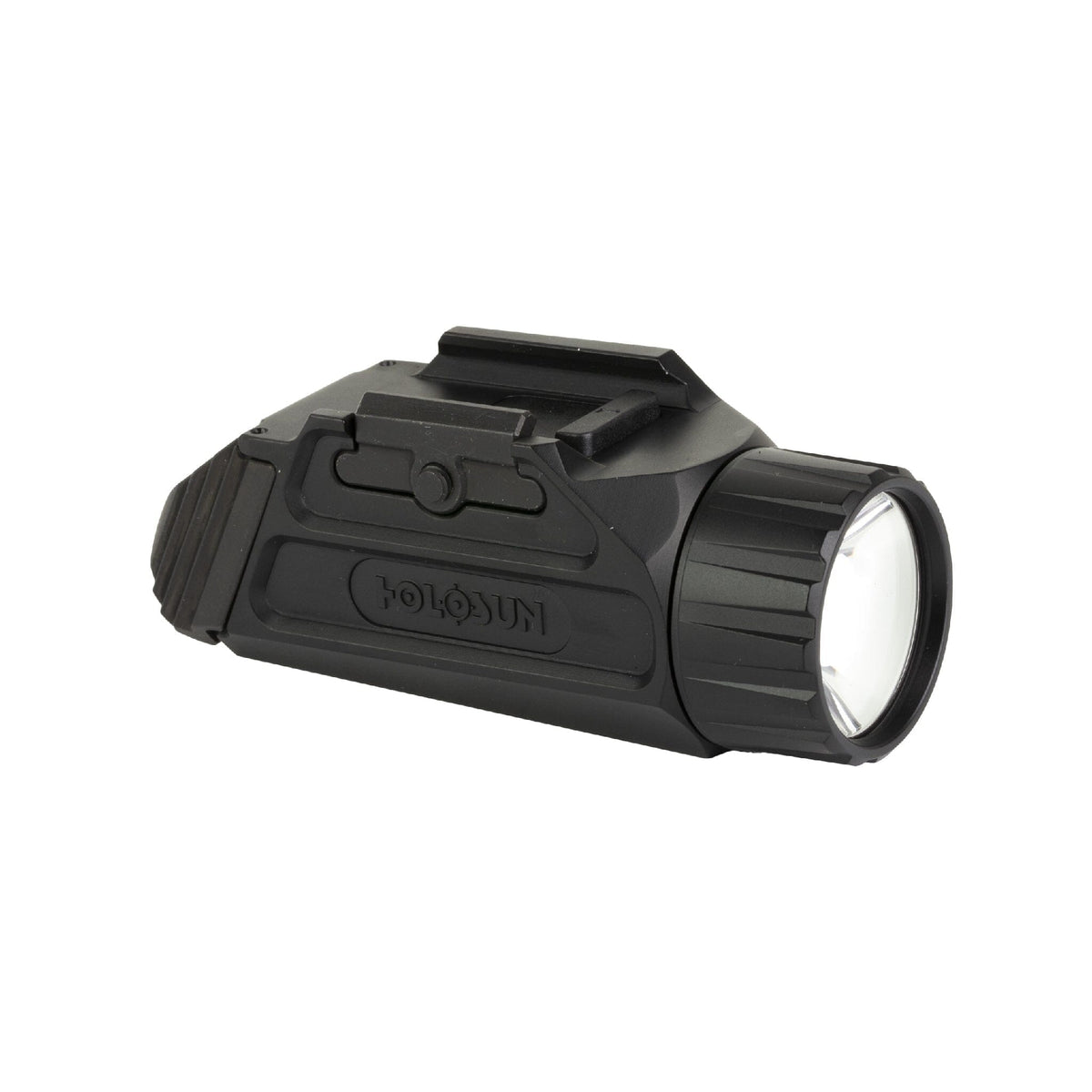 Holosun P.ID HC weapon light clamped to a pistol accessory rail with its locking clamp