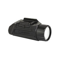 Holosun P.ID HC weapon light clamped to a pistol accessory rail with its locking clamp