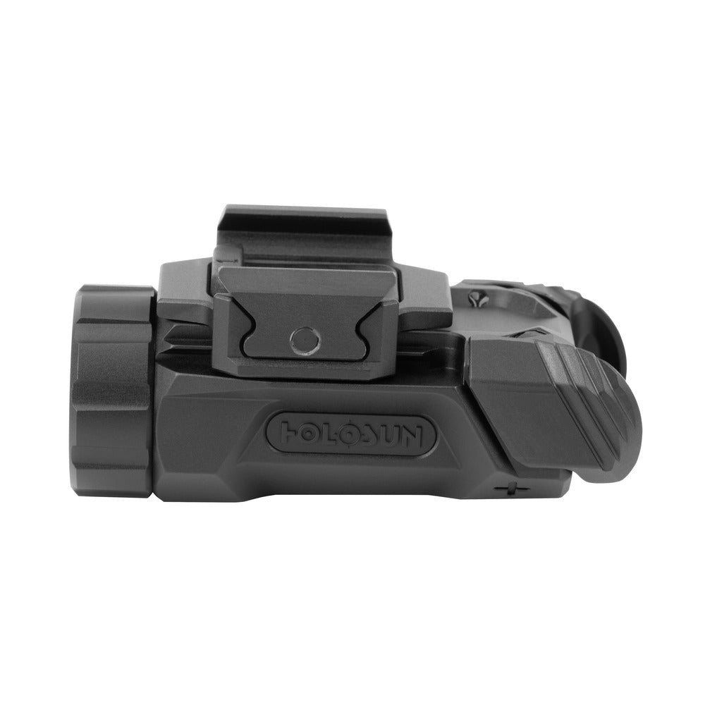 Holosun P.ID-K compact weapon light shown along its length with the Picatinny rail clamp