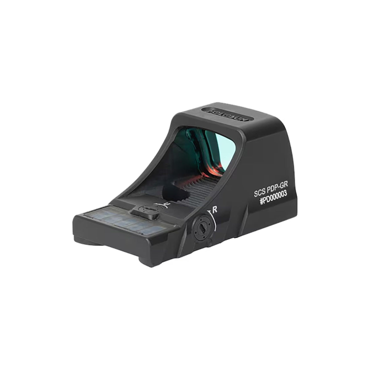 Holosun SCS PDP green dot sight showing the solar panel that charges the internal cell in daylight