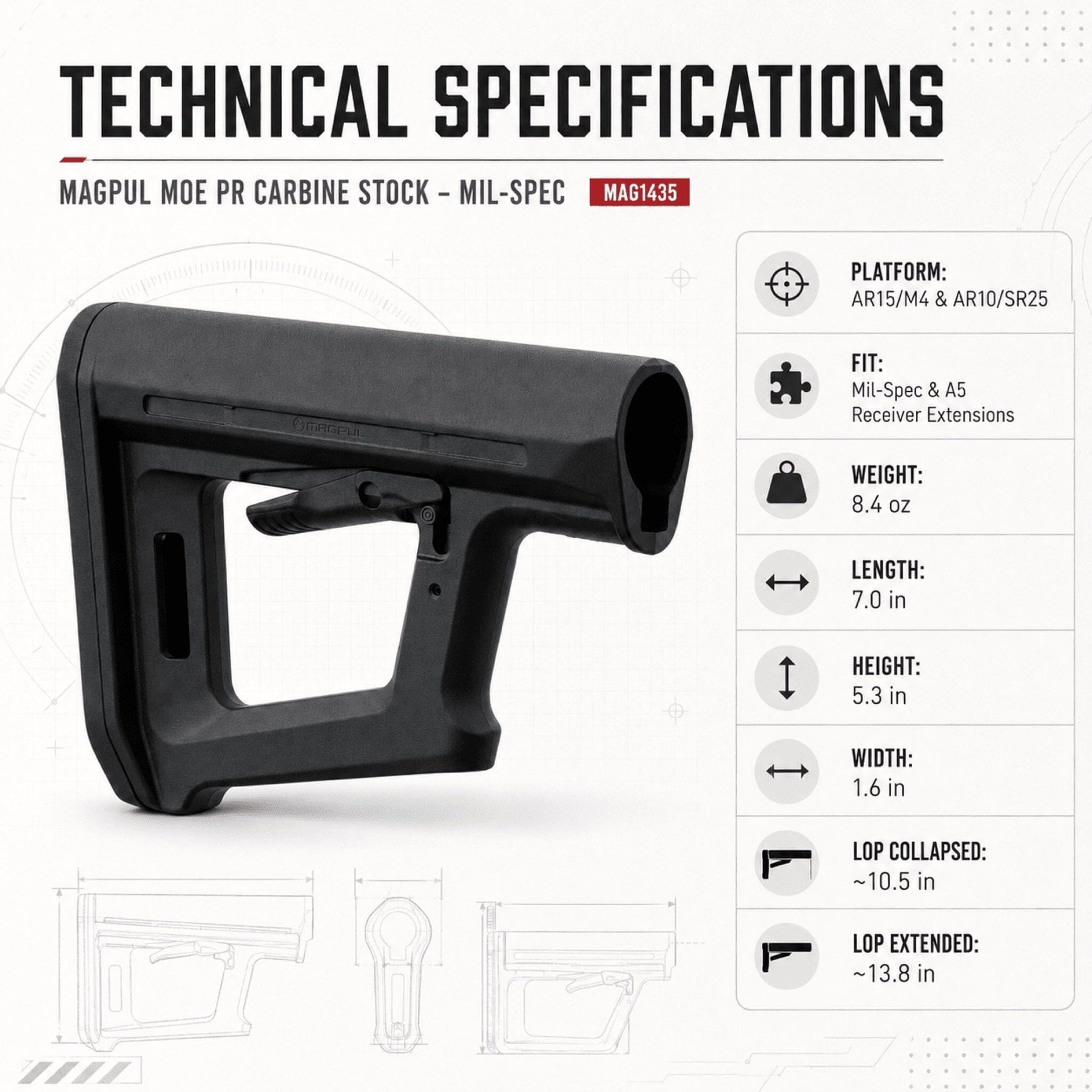Magpul MOE PR Carbine Stock Mil-Spec for AR-15/M4, view 7 of 8