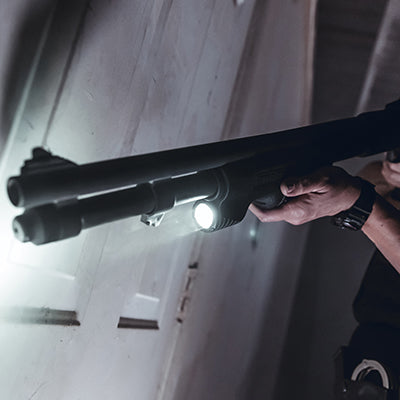 Streamlight TL-Racker throwing its 20,000 candela beam into a darkened doorway