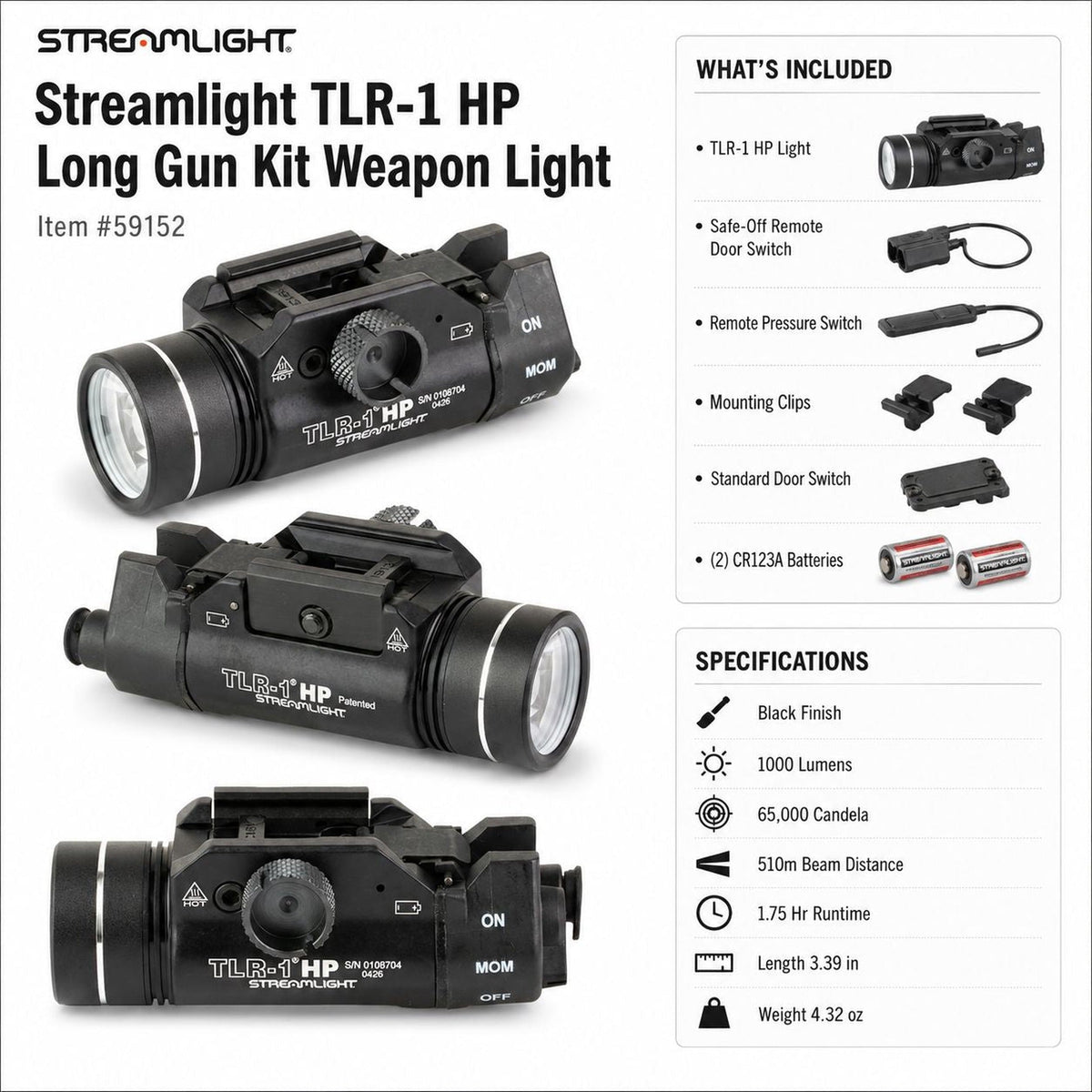 Streamlight TLR-1 HP weapon light on its tool-free Picatinny rail clamp