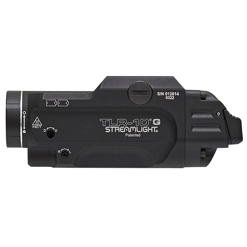 Streamlight TLR-10 G with the white LED bezel alongside the green laser aperture