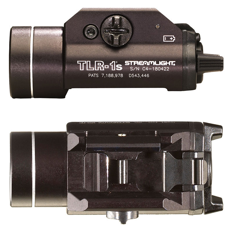 Streamlight TLR-1s weapon light in black showing the body profile and rail clamp