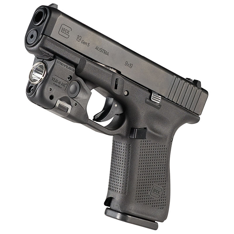 TLR-6 HL G clamped around the trigger guard of a Glock pistol and viewed side-on