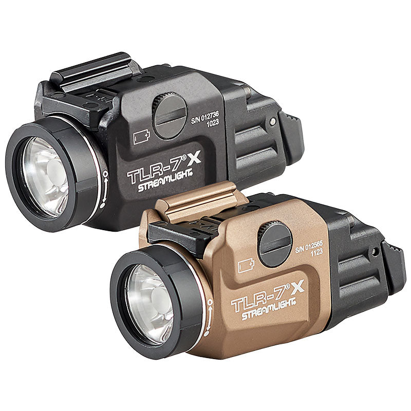Streamlight TLR-7 X USB shown in both black and Flat Dark Earth, 2.58 in long
