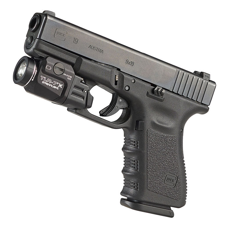 Streamlight TLR-7 X USB in black with the rail clamp visible below the light body