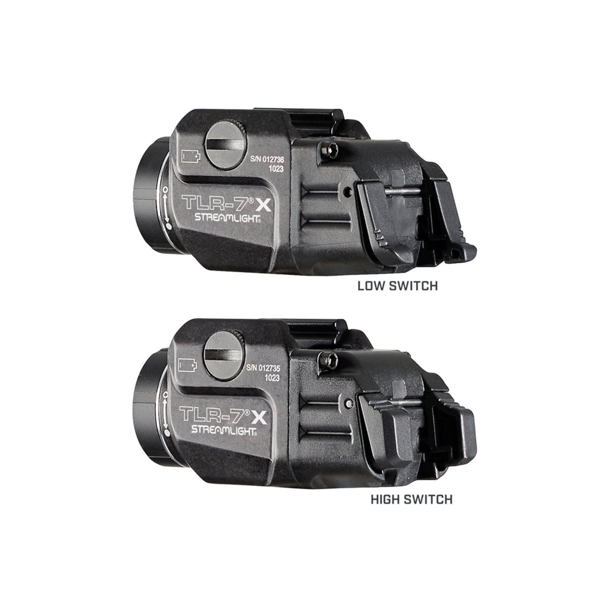 Streamlight TLR-7 X showing the interchangeable high and low rear paddle switches