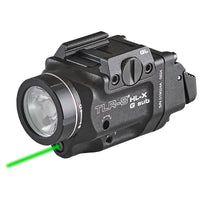 Streamlight TLR-8 HL-X G sub weapon light with green laser shown from a three-quarter view