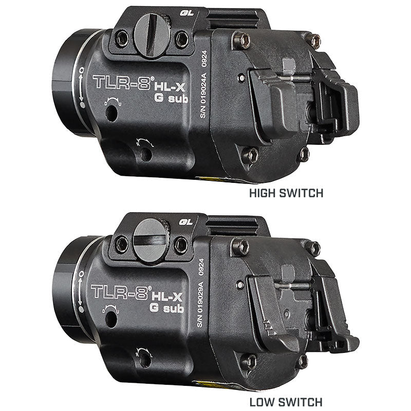 Streamlight TLR-8 HL-X G sub weapon light showing the ambidextrous rear paddle switches