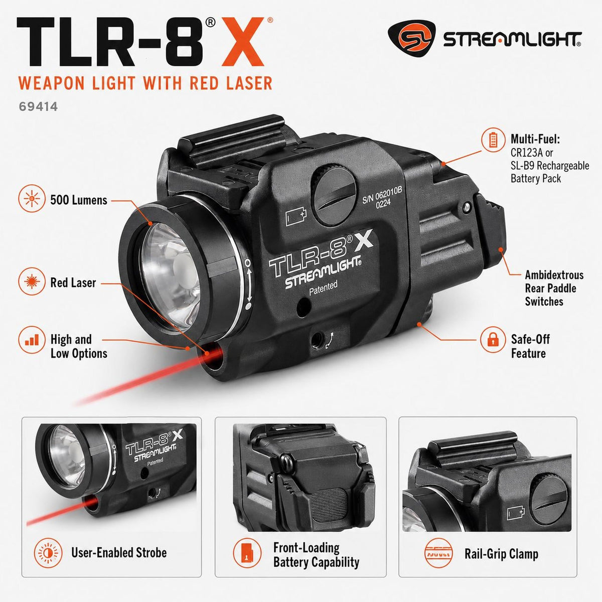 Streamlight TLR-8 X shown with the CR123A cell and SL-B9 USB-C rechargeable pack it will run