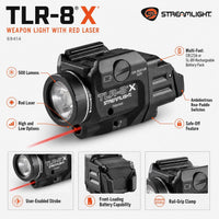 Streamlight TLR-8 X shown with the CR123A cell and SL-B9 USB-C rechargeable pack it will run