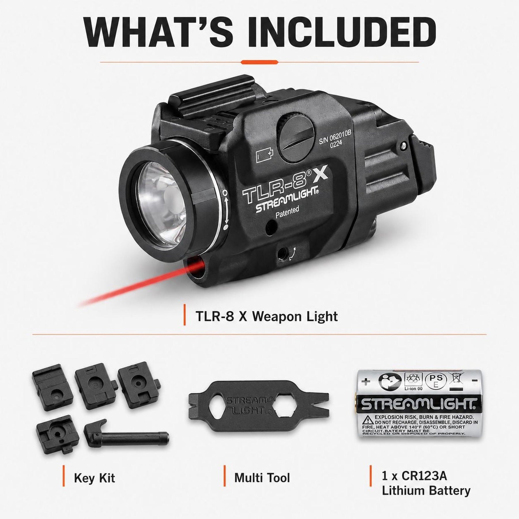 Streamlight TLR-8 X measured at 2.58 inches long and 2.64 oz with a CR123A fitted