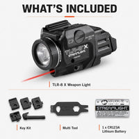 Streamlight TLR-8 X measured at 2.58 inches long and 2.64 oz with a CR123A fitted