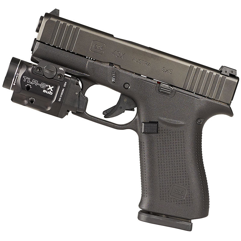 Streamlight TLR-8 X sub for the Glock 43X and 48 shown side on, 2.51in long