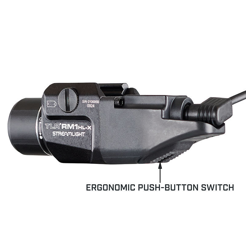 Streamlight TLR RM 1 HL-X USB weapon light clamped to a MIL-STD-1913 Picatinny rail section