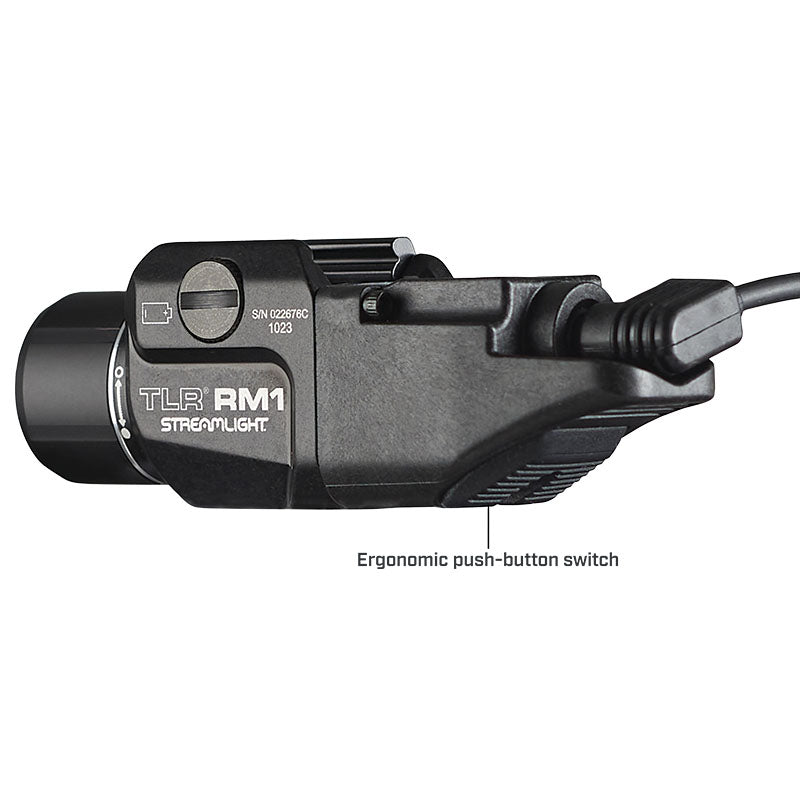 Streamlight TLR RM 1 at 3.64 in and 3.02 oz on a single CR123A lithium cell