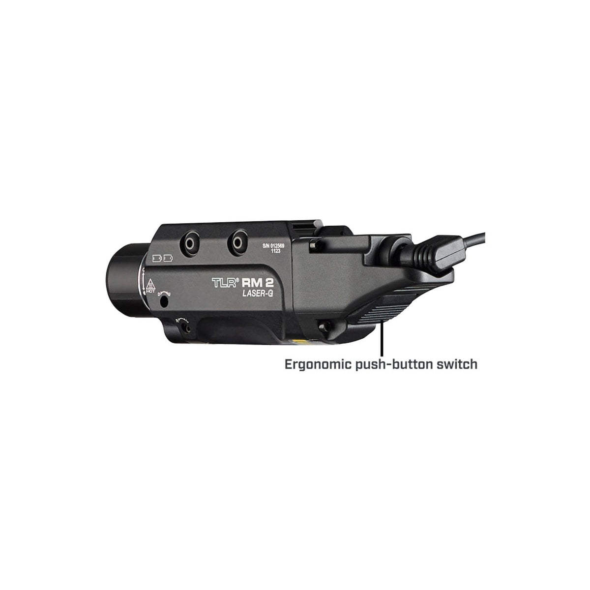 Streamlight TLR RM 2 Laser-G weapon light with its push-button tail switch for long guns