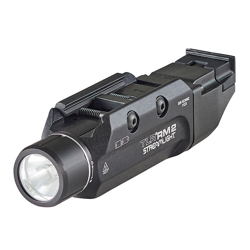 Streamlight TLR RM 2 weapon light body showing the Picatinny clamp and push-button tail switch